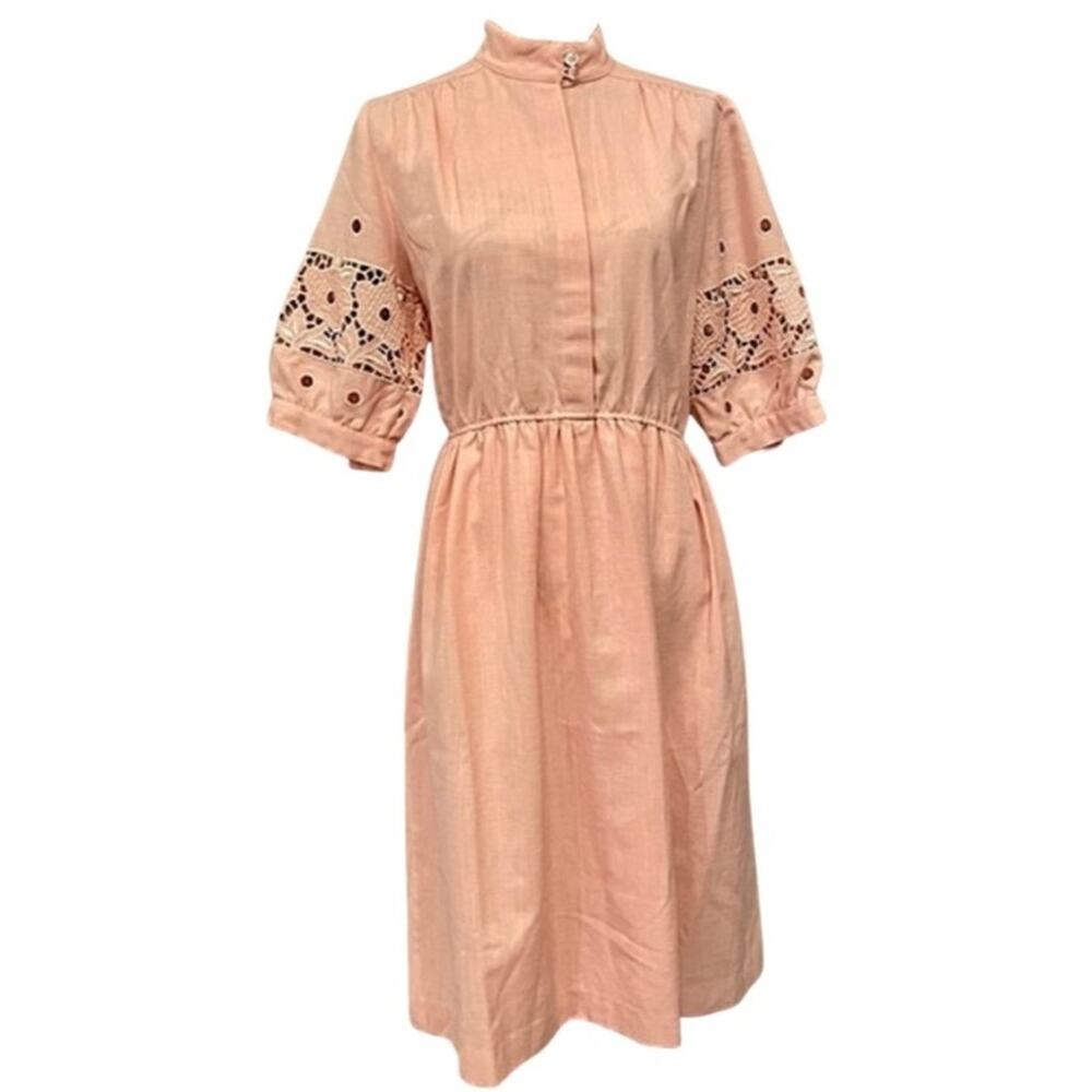 Vintage 80s Woven Shirt Dress Soft Pink Romantic Lace Cutout Puff Sleeve Size 8